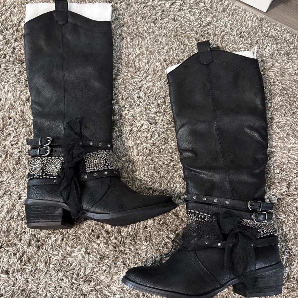 Not Rated Womens 6.5 Black Riding Boots Heeled W Tulle Bow NEW! - Picture 2 of 8